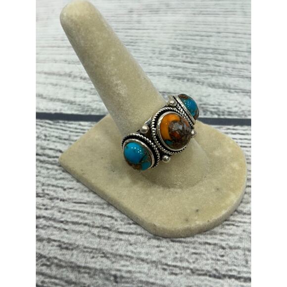 BBJ 925 Sterling Silver Spiny Oyster Turquoise 3-Stone Southwestern Ring Sz 8 - Picture 3 of 10